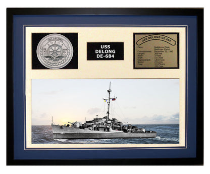 USS DeLong DE 684 - Framed Navy Ship Display Blue