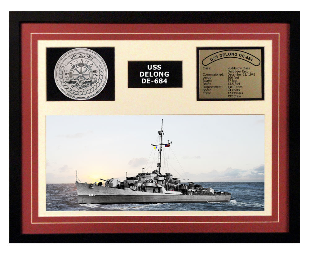 USS DeLong DE 684 - Framed Navy Ship Display Burgundy