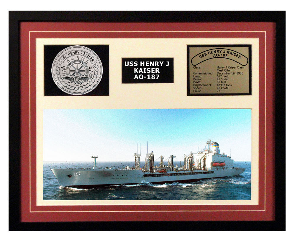 USS Henry J Kaiser  AO 187  - Framed Navy Ship Display Burgundy