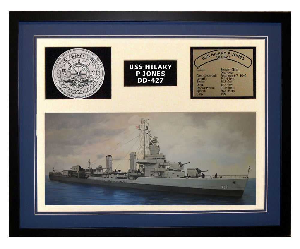 USS Hilary P Jones  DD 427  - Framed Navy Ship Display Blue