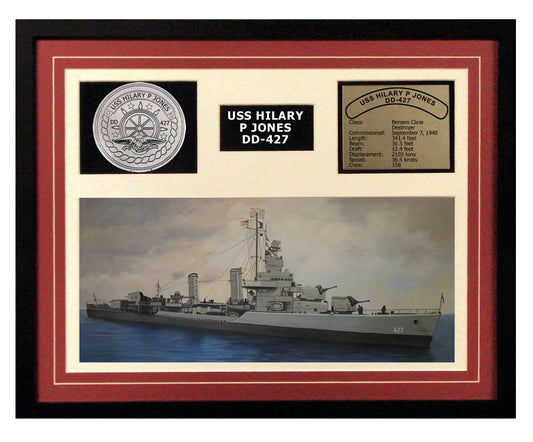 USS Hilary P Jones  DD 427  - Framed Navy Ship Display Burgundy