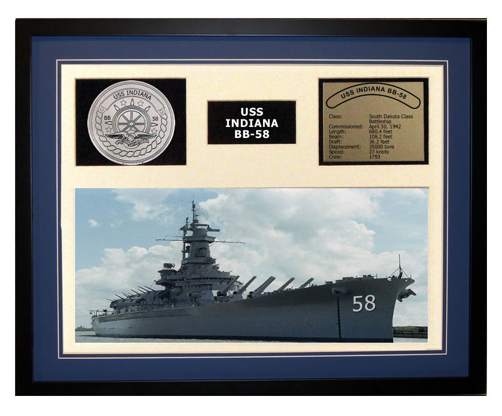 USS Indiana  BB 58  - Framed Navy Ship Display Blue