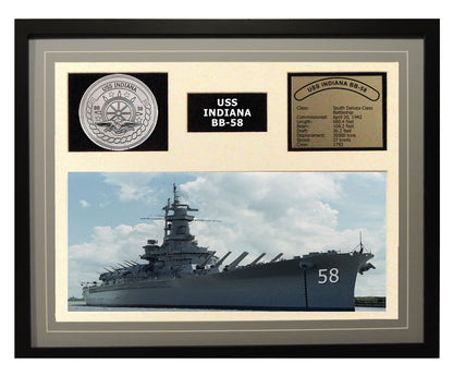 USS Indiana  BB 58  - Framed Navy Ship Display Grey