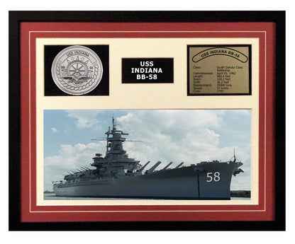 USS Indiana  BB 58  - Framed Navy Ship Display Burgundy