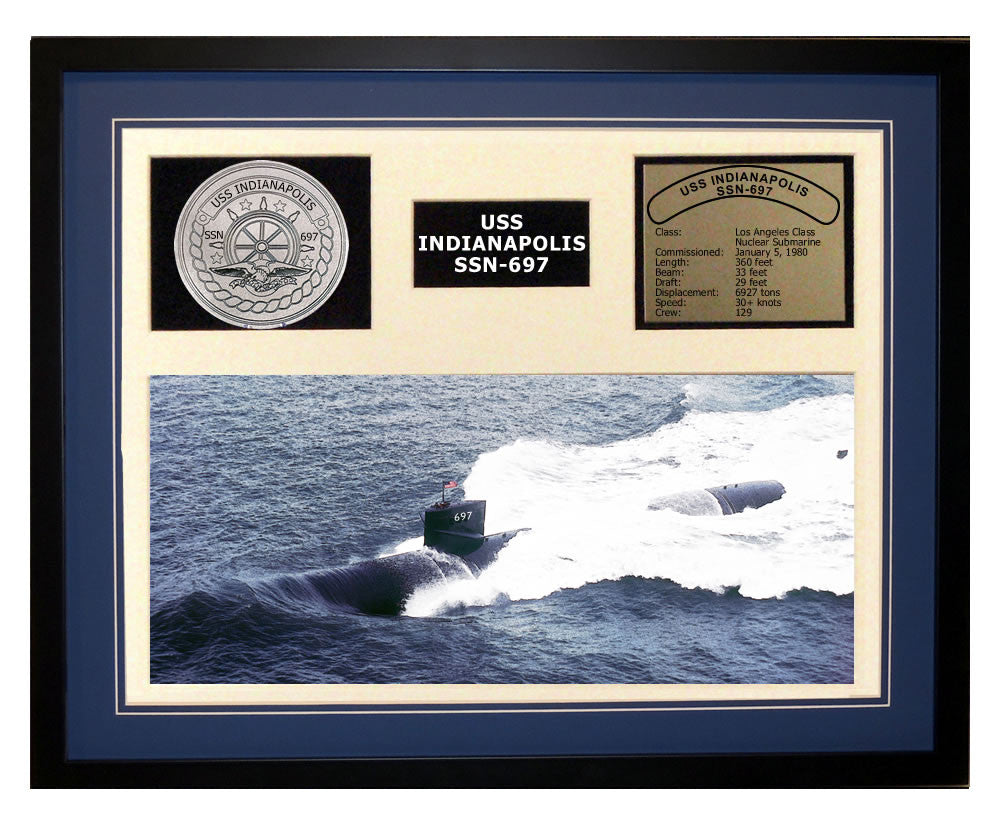 USS Indianapolis  SSN 697  - Framed Navy Ship Display Blue