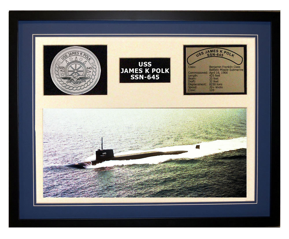 USS James K Polk  SSN 645  - Framed Navy Ship Display Blue