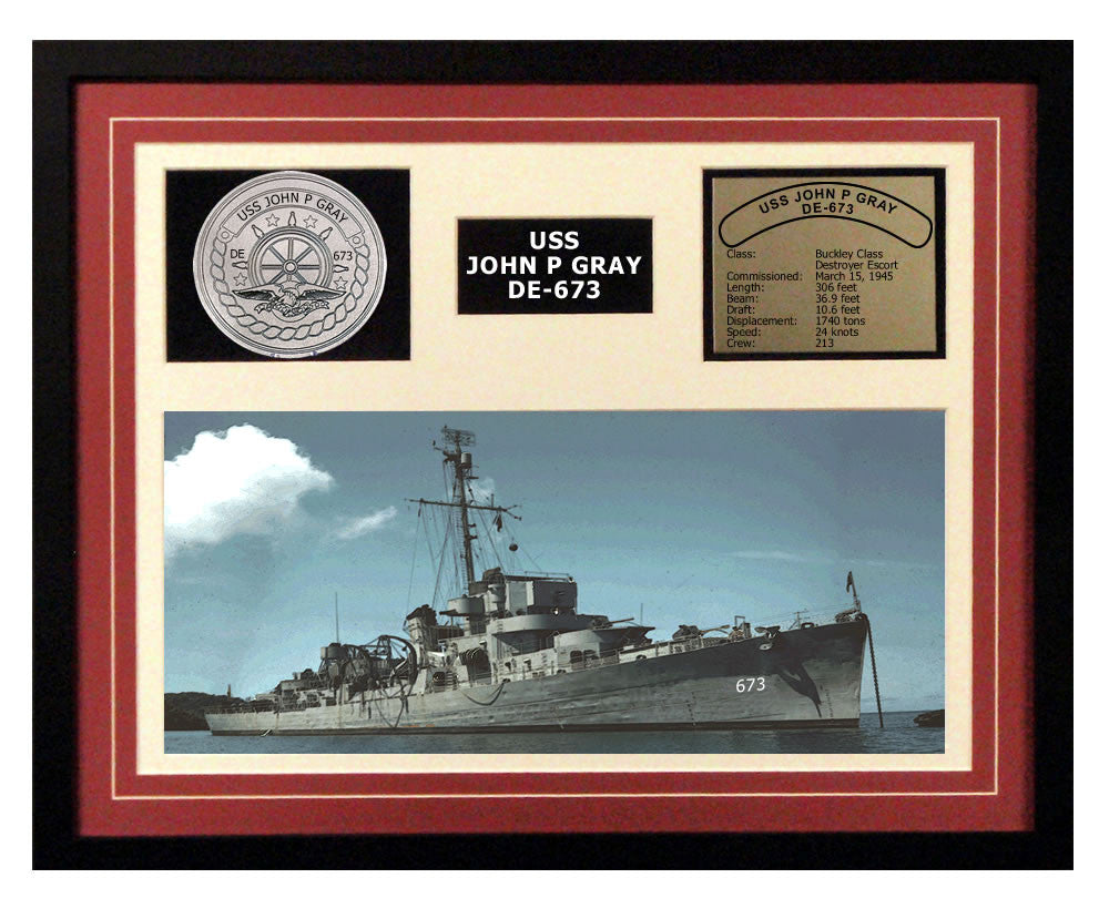 USS John P Gray  DE 673  - Framed Navy Ship Display Burgundy