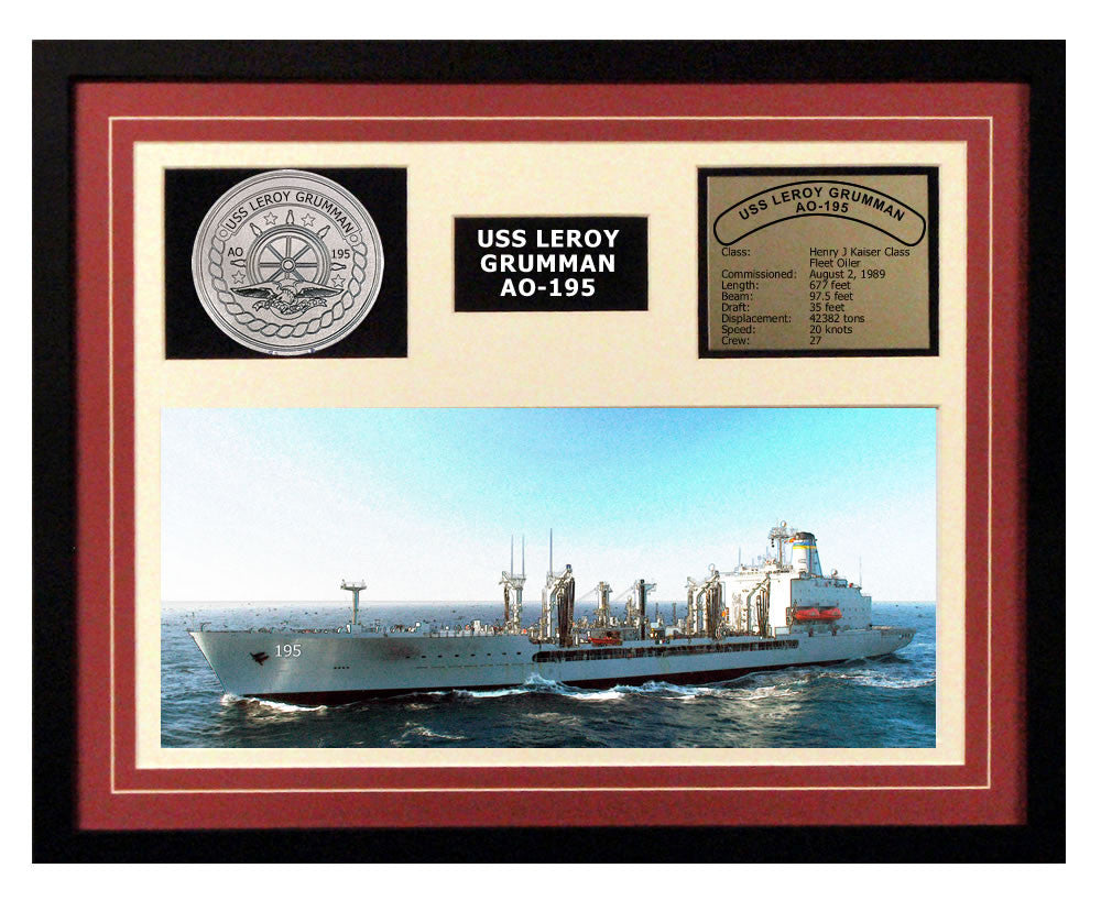 USS Leroy Grumman  AO 195  - Framed Navy Ship Display Burgundy