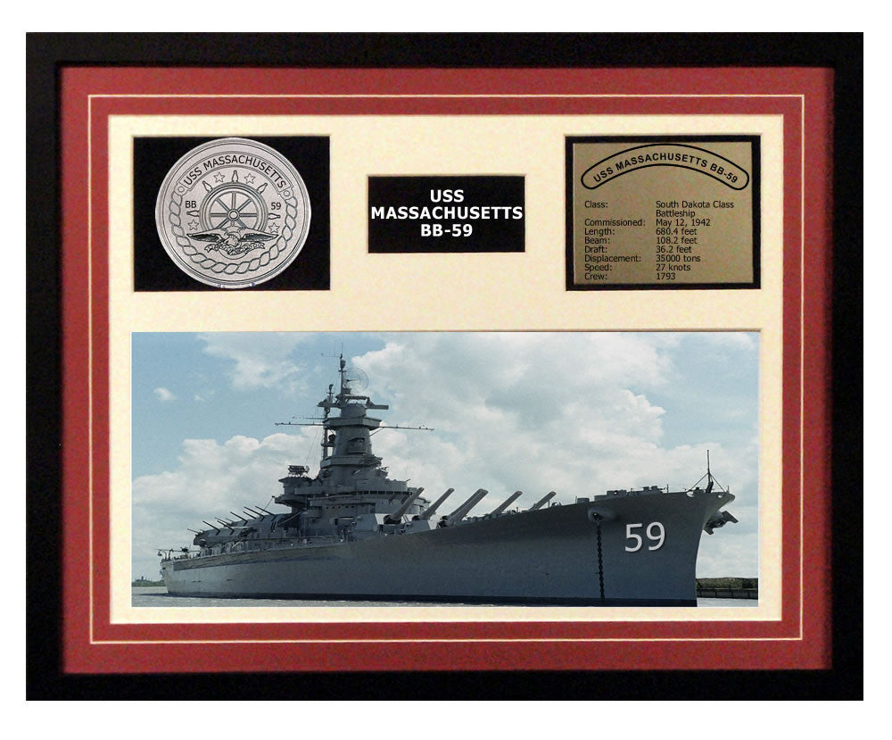 USS Massachusetts  BB 59  - Framed Navy Ship Display Burgundy