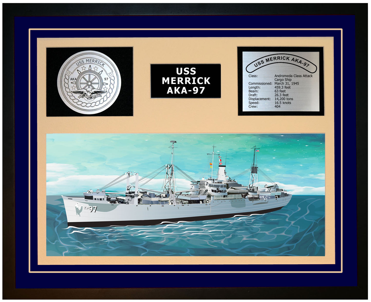 USS Merrick AKA-97 Framed Navy Ship Display Blue