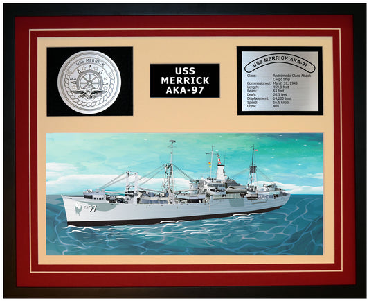 USS Merrick AKA-97 Framed Navy Ship Display Burgundy