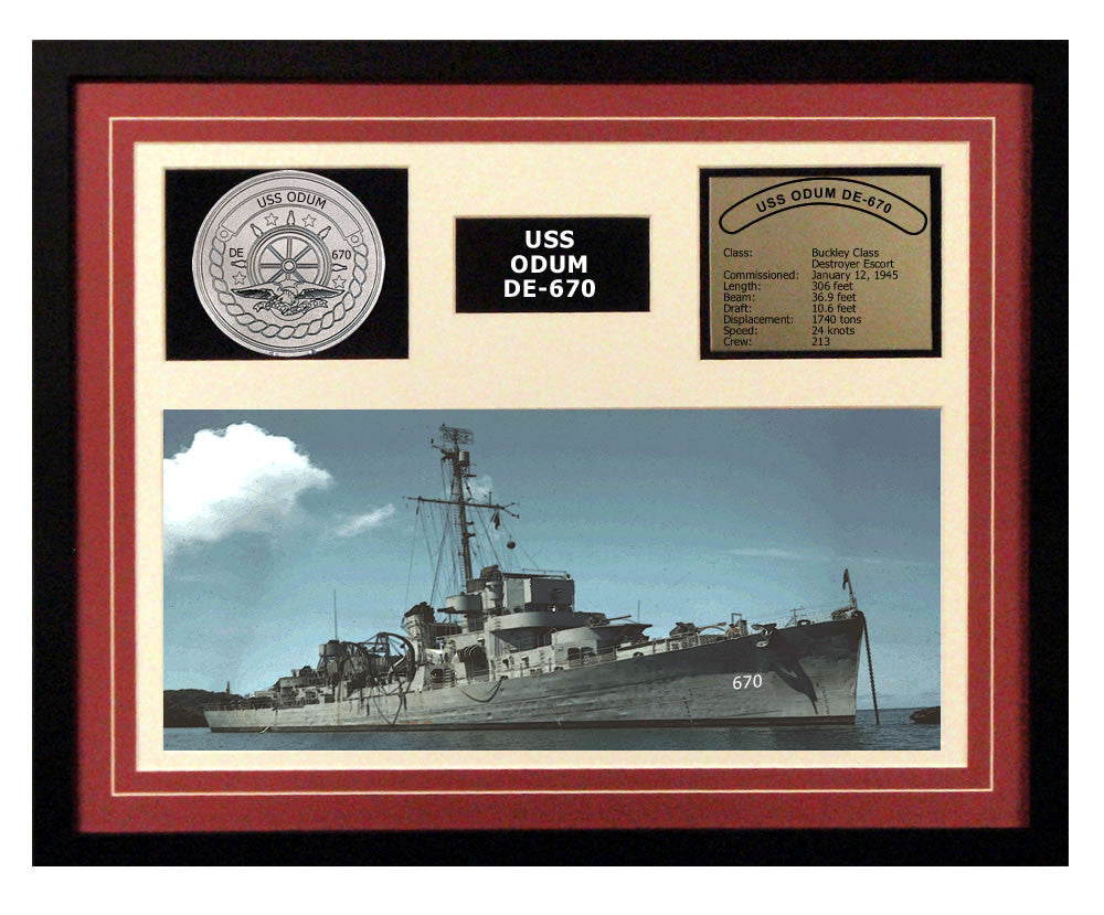 USS Odum  DE 670  - Framed Navy Ship Display Burgundy