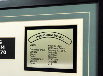 USS Odum DE670 Framed Navy Ship Display Text Plaque