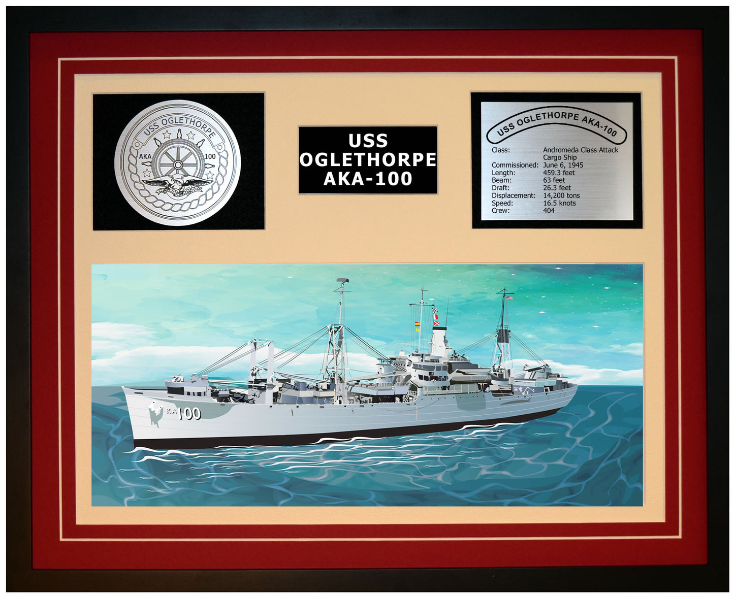 USS Oglethorpe AKA-100 Framed Navy Ship Display Burgundy