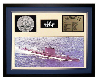 USS Sailfish  SS 572  - Framed Navy Ship Display Blue