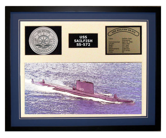 USS Sailfish  SS 572  - Framed Navy Ship Display Blue