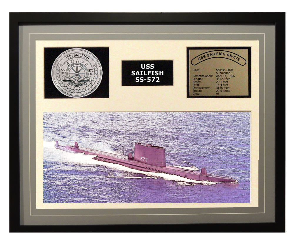 USS Sailfish  SS 572  - Framed Navy Ship Display Grey