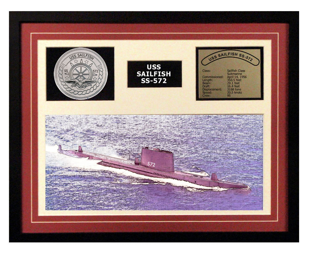 USS Sailfish  SS 572  - Framed Navy Ship Display Burgundy