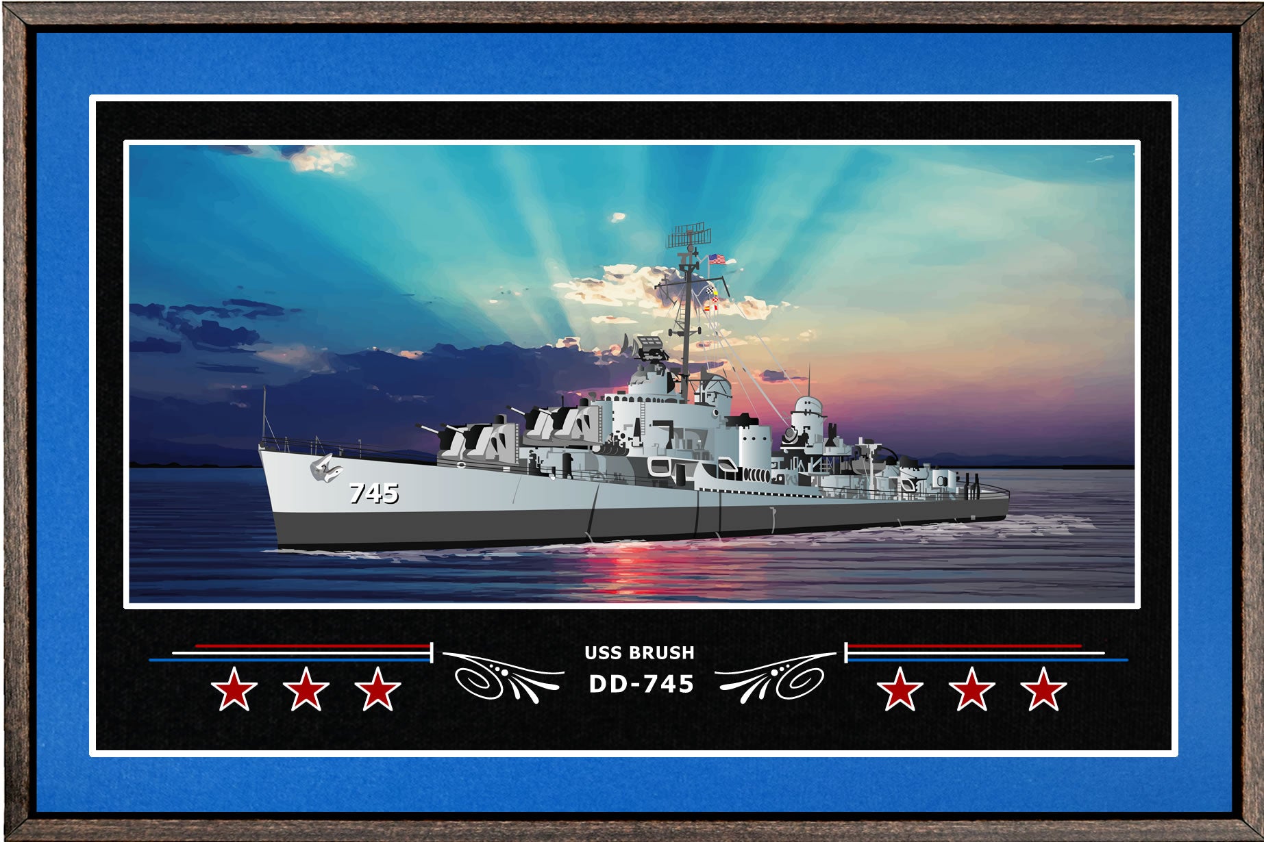 USS BRUSH DD 745 BOX FRAMED CANVAS ART BLUE