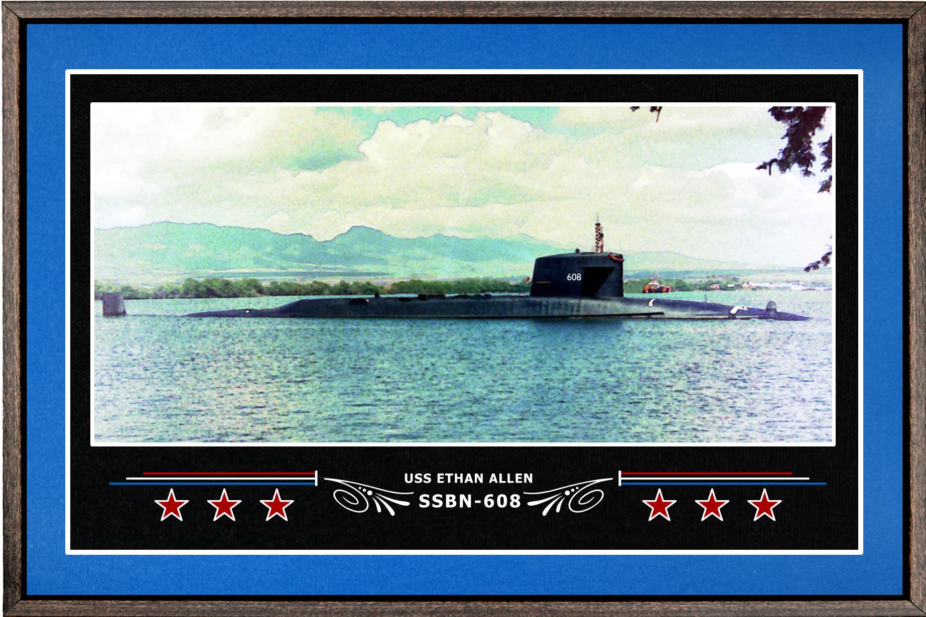 USS ETHAN ALLEN SSBN 608 BOX FRAMED CANVAS ART BLUE