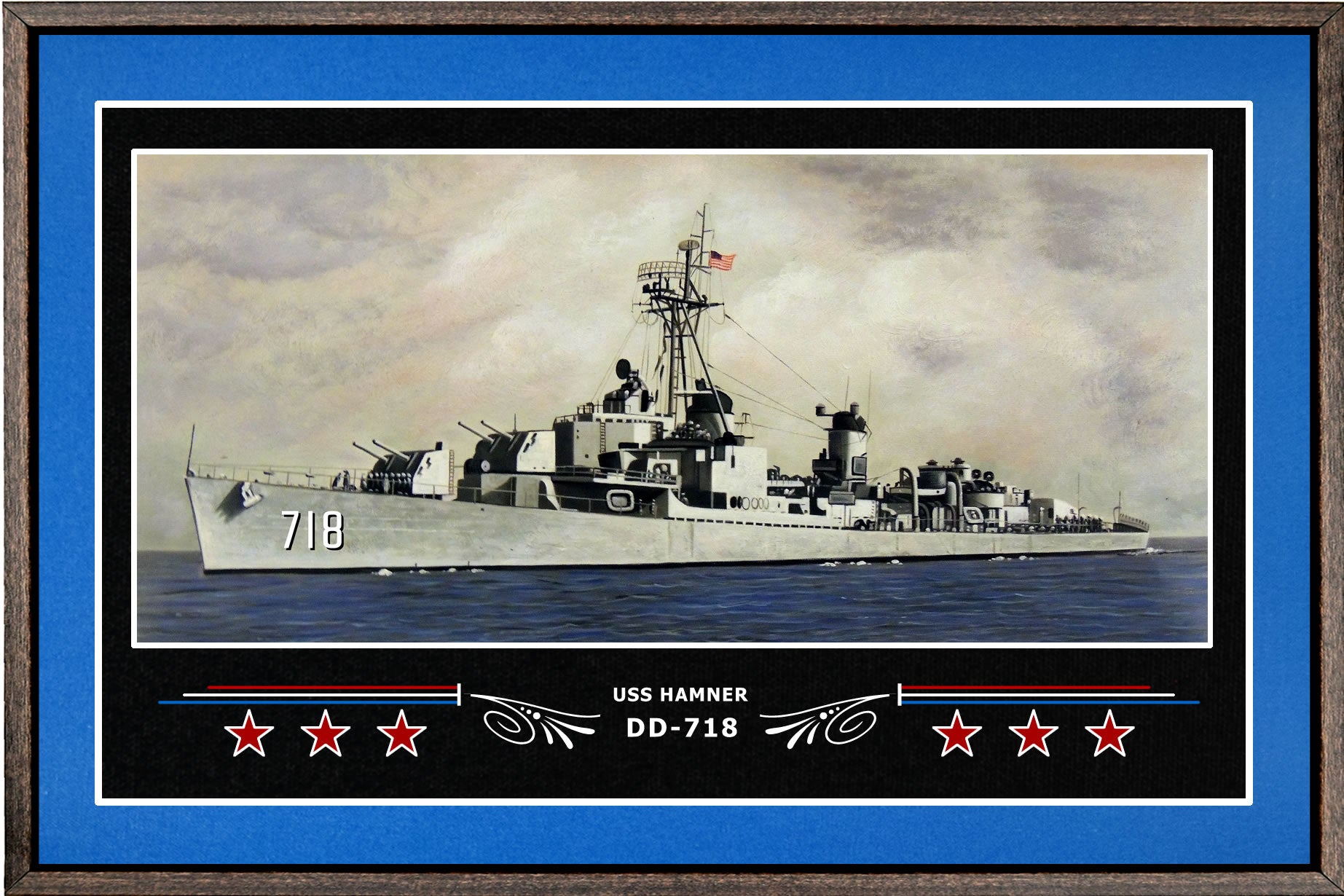 USS HAMNER DD 718 BOX FRAMED CANVAS ART BLUE