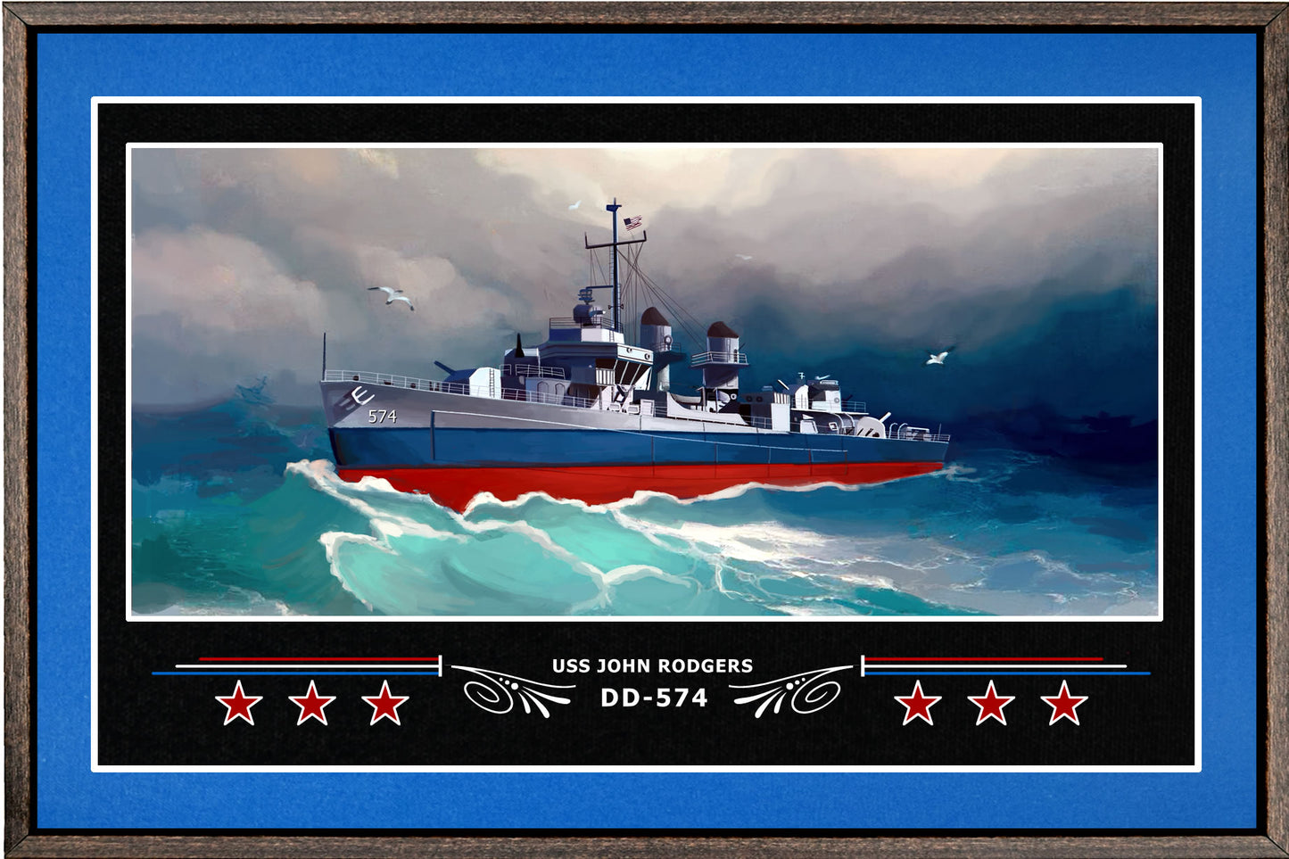 USS JOHN RODGERS DD 574 BOX FRAMED CANVAS ART BLUE