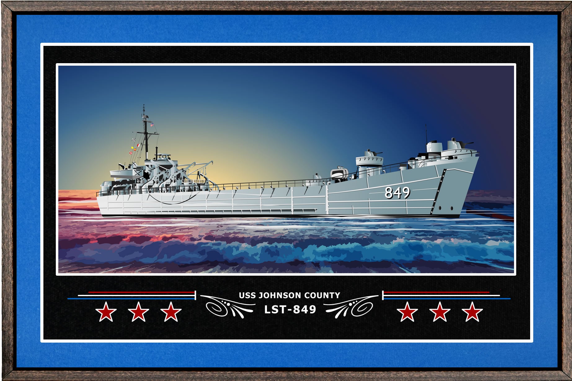 USS JOHNSON COUNTY LST 849 BOX FRAMED CANVAS ART BLUE