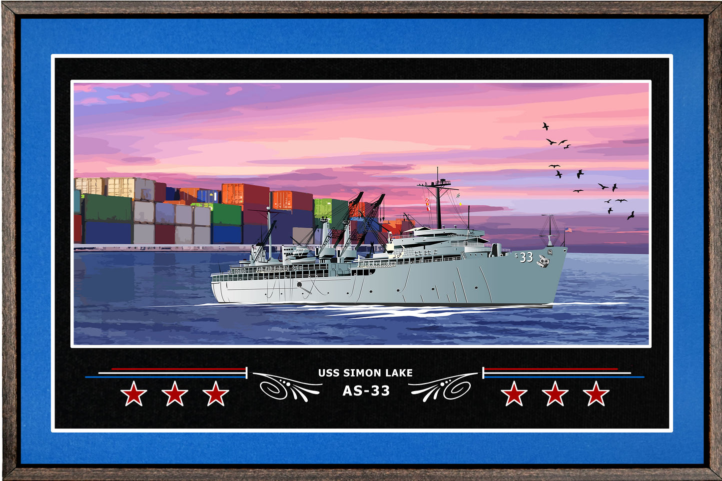 USS SIMON LAKE AS 33 BOX FRAMED CANVAS ART BLUE