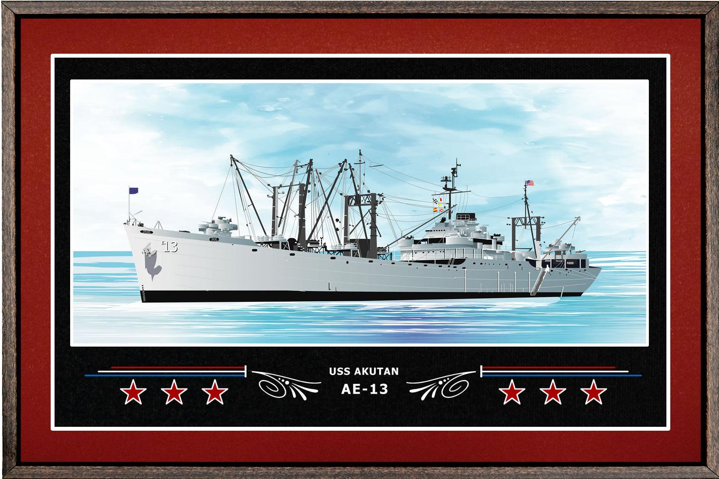 USS AKUTAN AE 13 BOX FRAMED CANVAS ART BURGUNDY