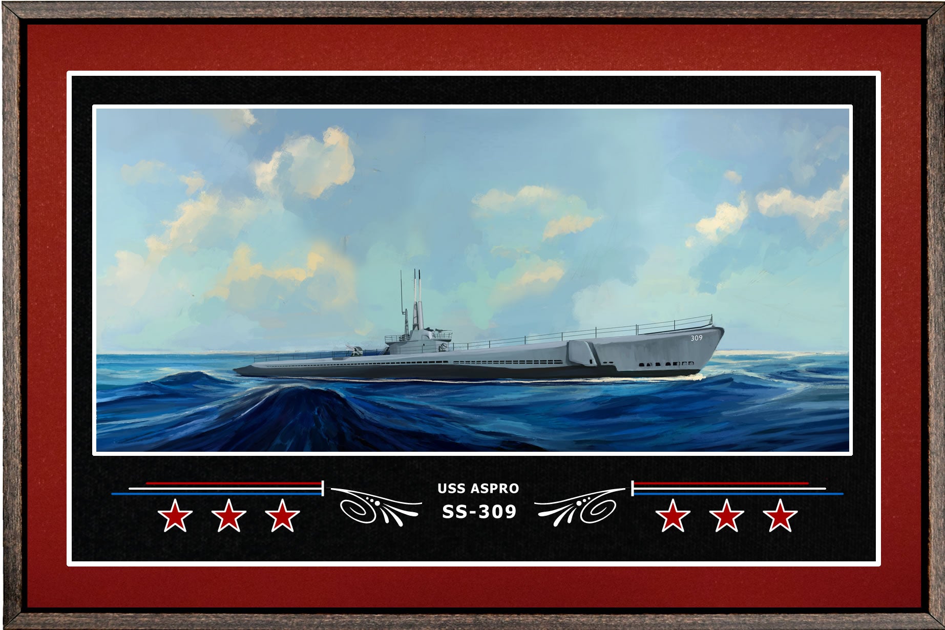 USS ASPRO SS 309 BOX FRAMED CANVAS ART BURGUNDY