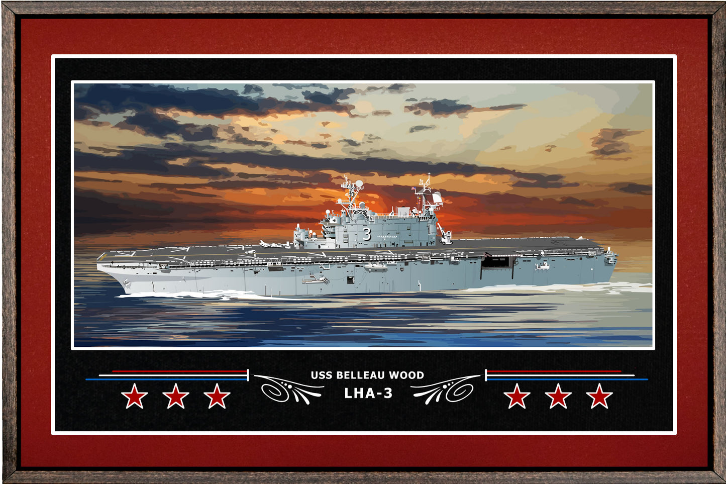 USS BELLEAU WOOD LHA 3 BOX FRAMED CANVAS ART BURGUNDY