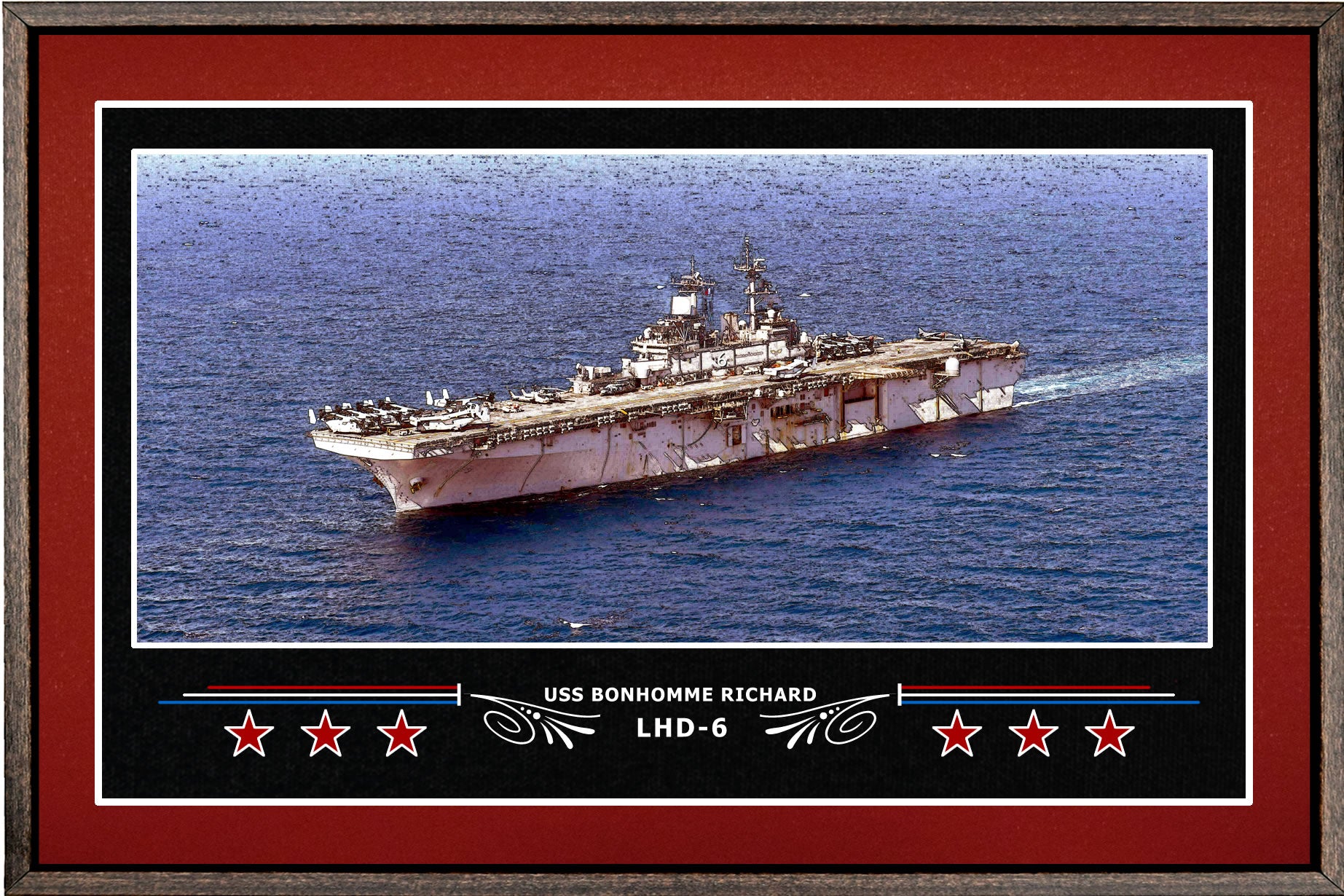 USS BONHOMME RICHARD LHD 6 BOX FRAMED CANVAS ART BURGUNDY