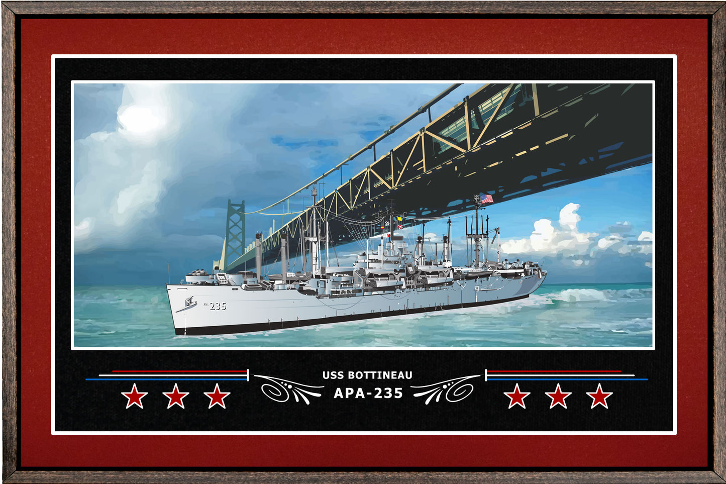 USS BOTTINEAU APA 235 BOX FRAMED CANVAS ART BURGUNDY