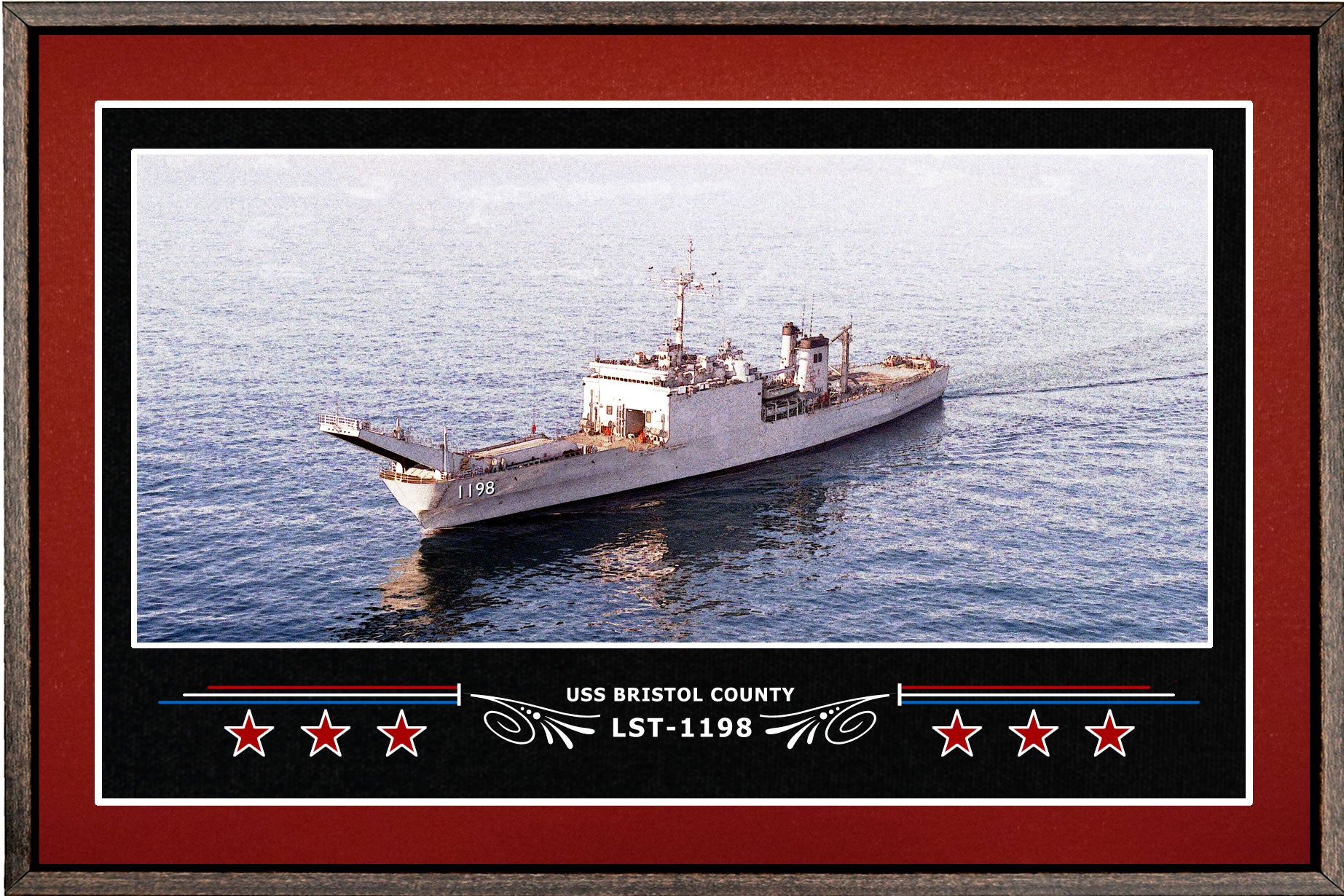 USS BRISTOL COUNTY LST 1198 BOX FRAMED CANVAS ART BURGUNDY