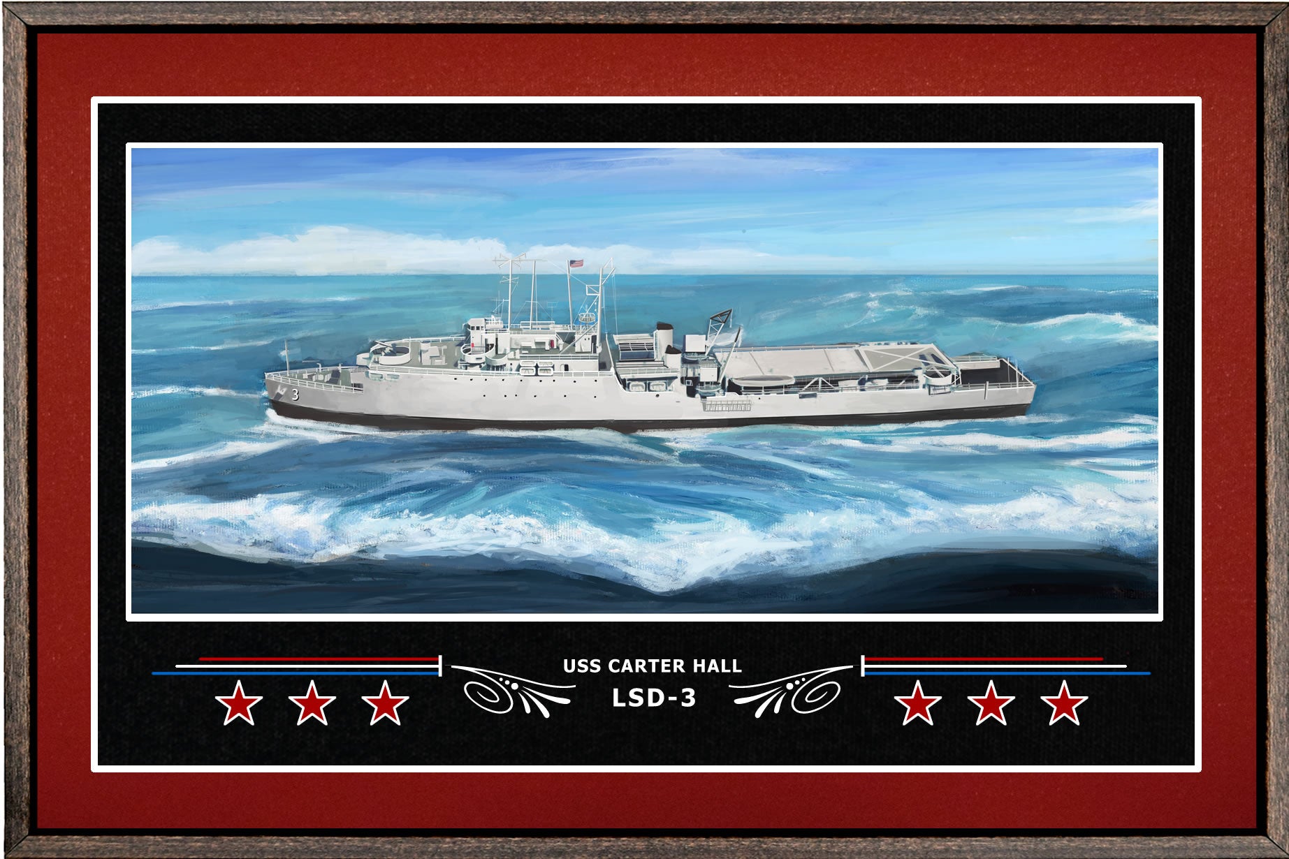 USS CARTER HALL LSD 3 BOX FRAMED CANVAS ART BURGUNDY