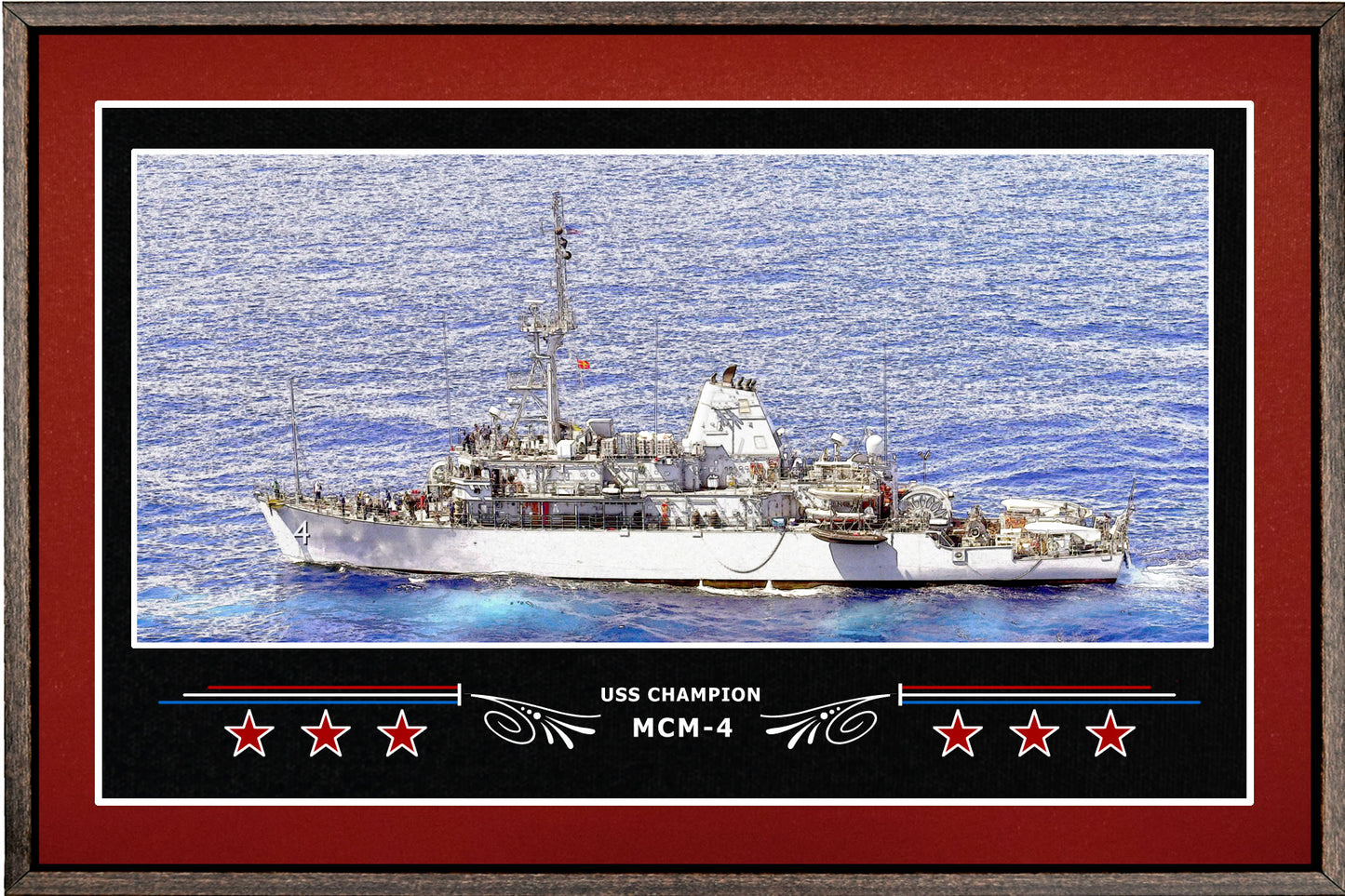 USS CHAMPION MCM 4 BOX FRAMED CANVAS ART BURGUNDY