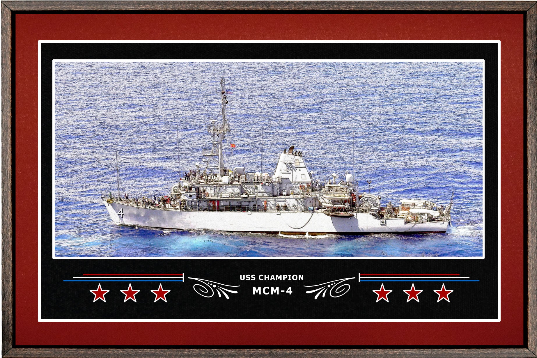 USS CHAMPION MCM 4 BOX FRAMED CANVAS ART BURGUNDY