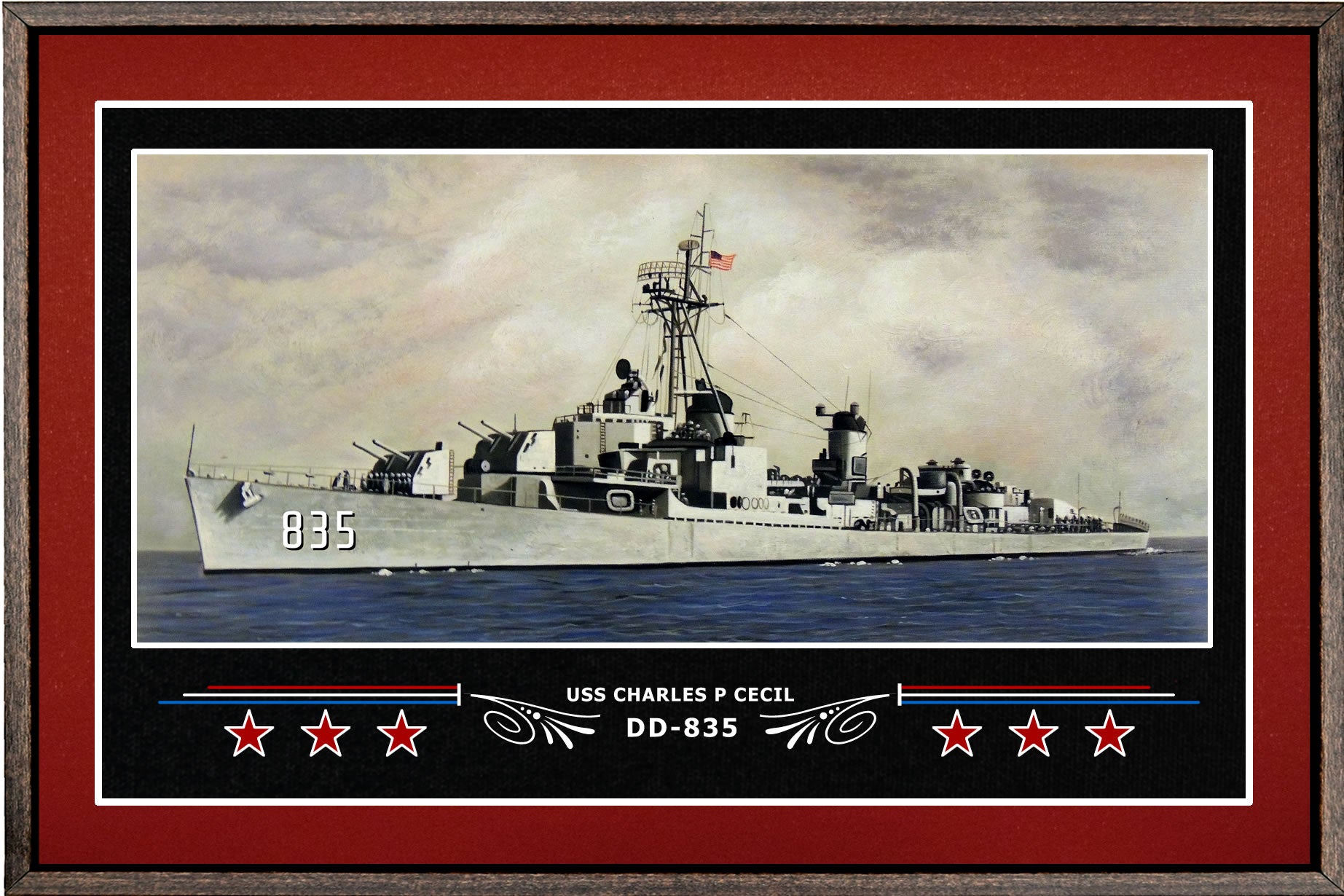 USS CHARLES P CECIL DD 835 BOX FRAMED CANVAS ART BURGUNDY