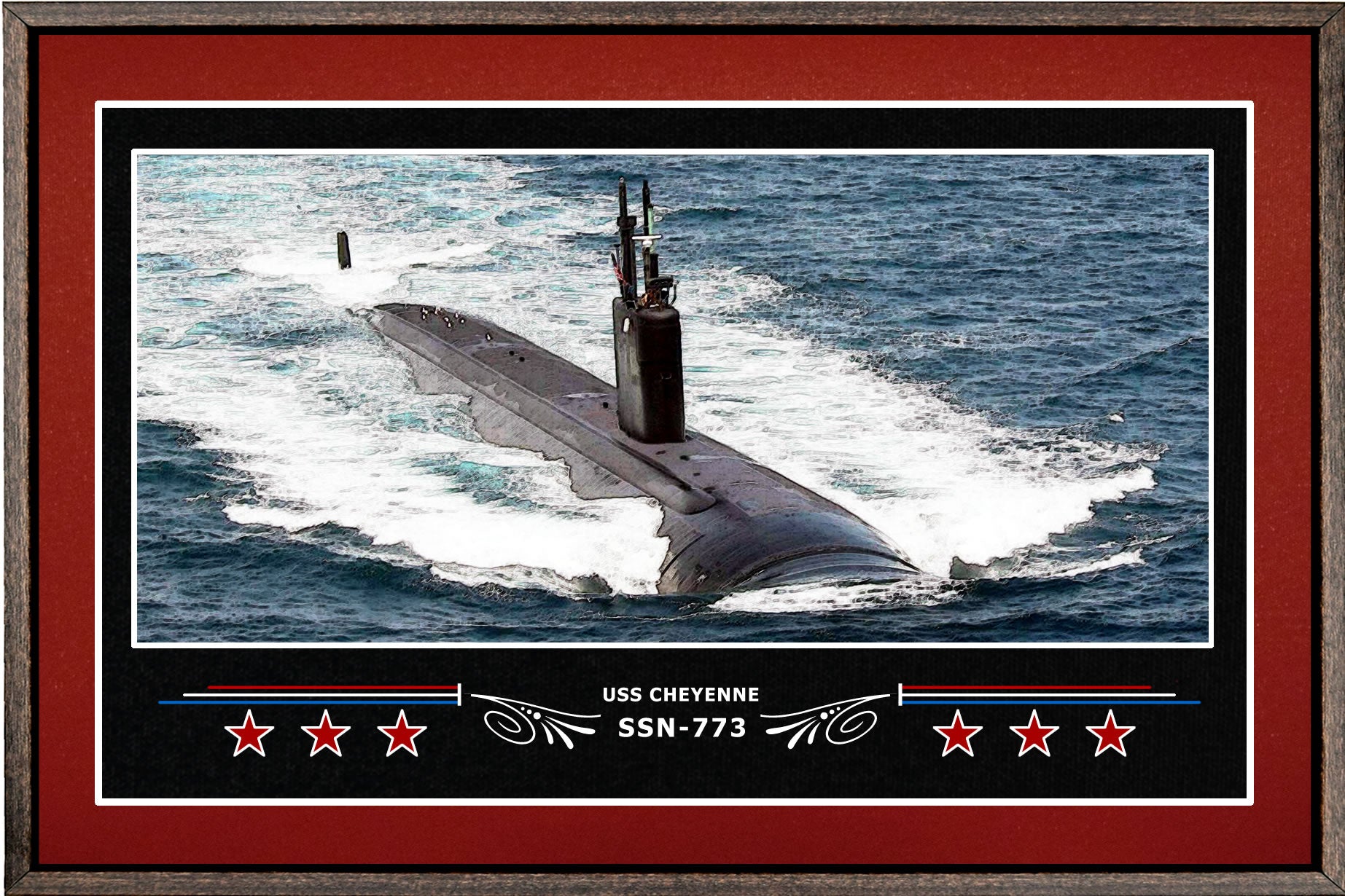 USS CHEYENNE SSN 773 BOX FRAMED CANVAS ART BURGUNDY