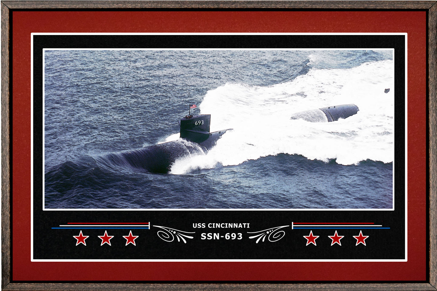 USS CINCINNATI SSN 693 BOX FRAMED CANVAS ART BURGUNDY