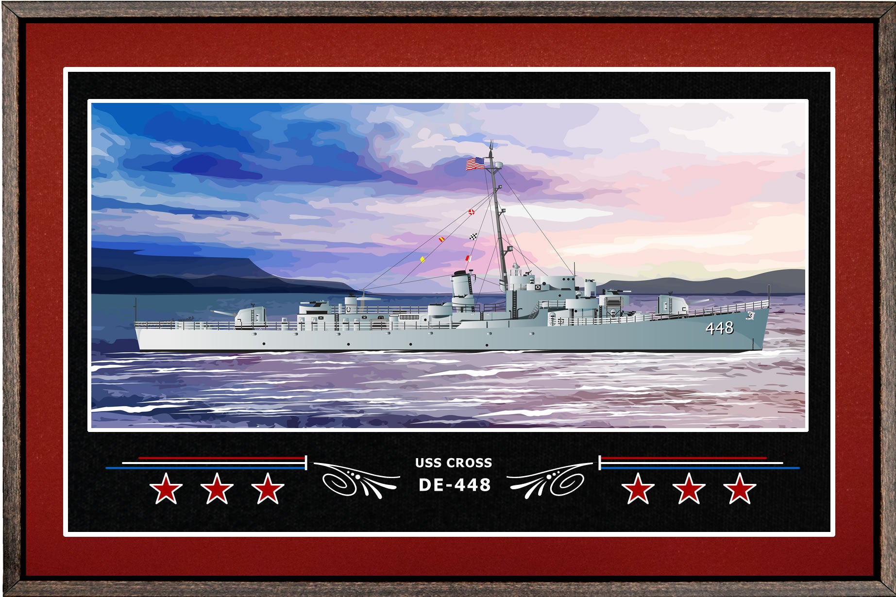 USS CROSS DE 448 BOX FRAMED CANVAS ART BURGUNDY