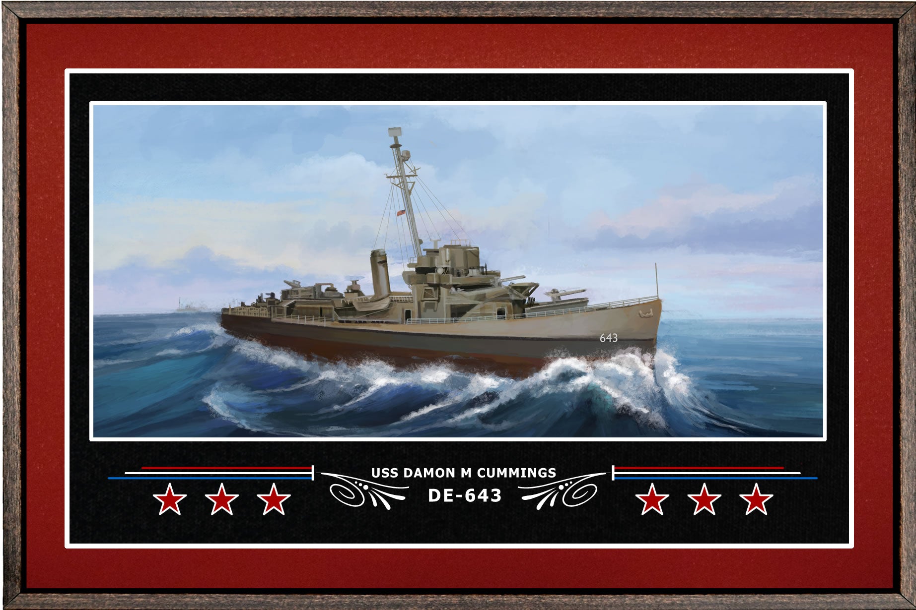 USS DAMON M CUMMINGS DE 643 BOX FRAMED CANVAS ART BURGUNDY