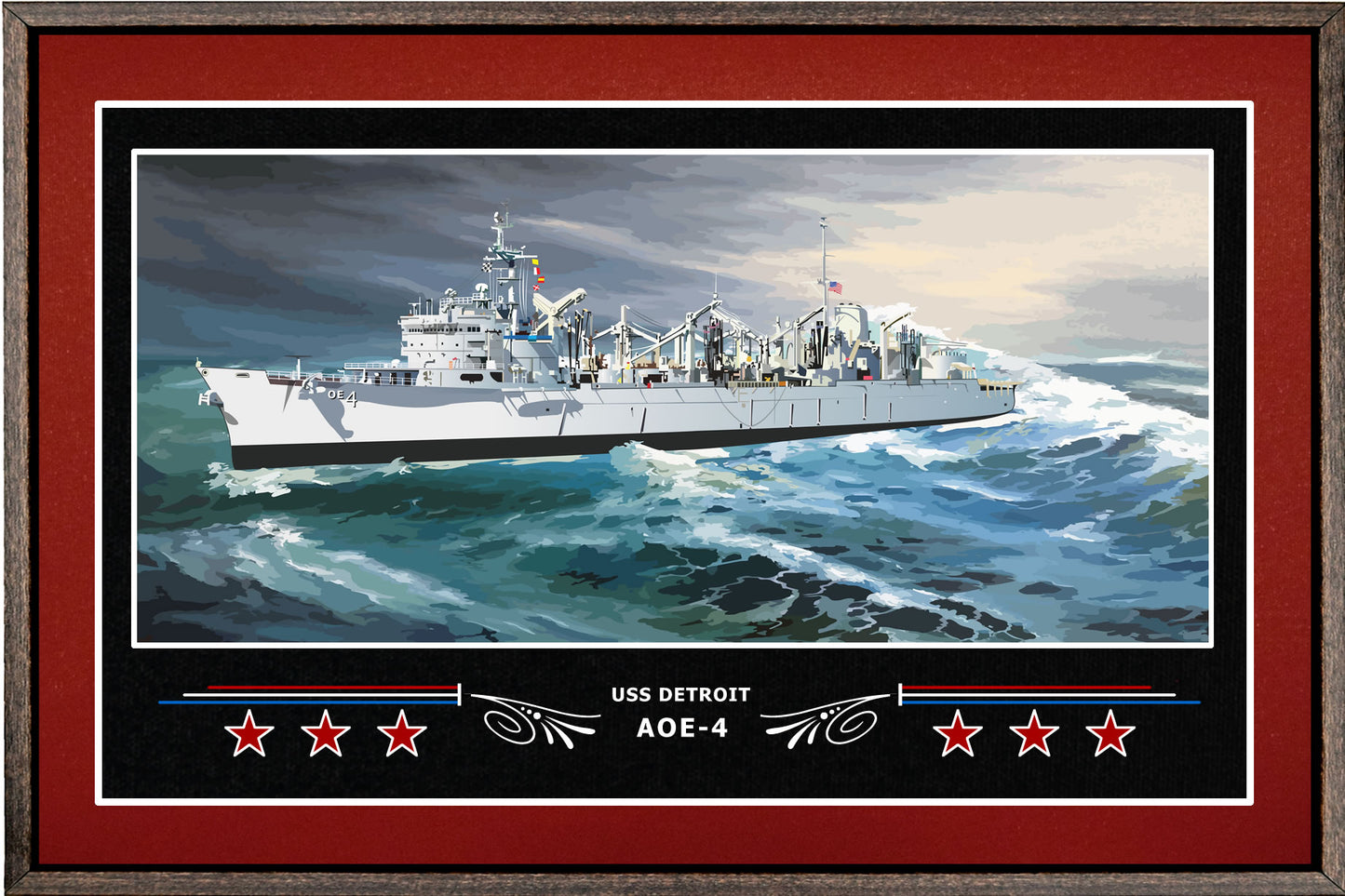 USS DETROIT AOE 4 BOX FRAMED CANVAS ART BURGUNDY