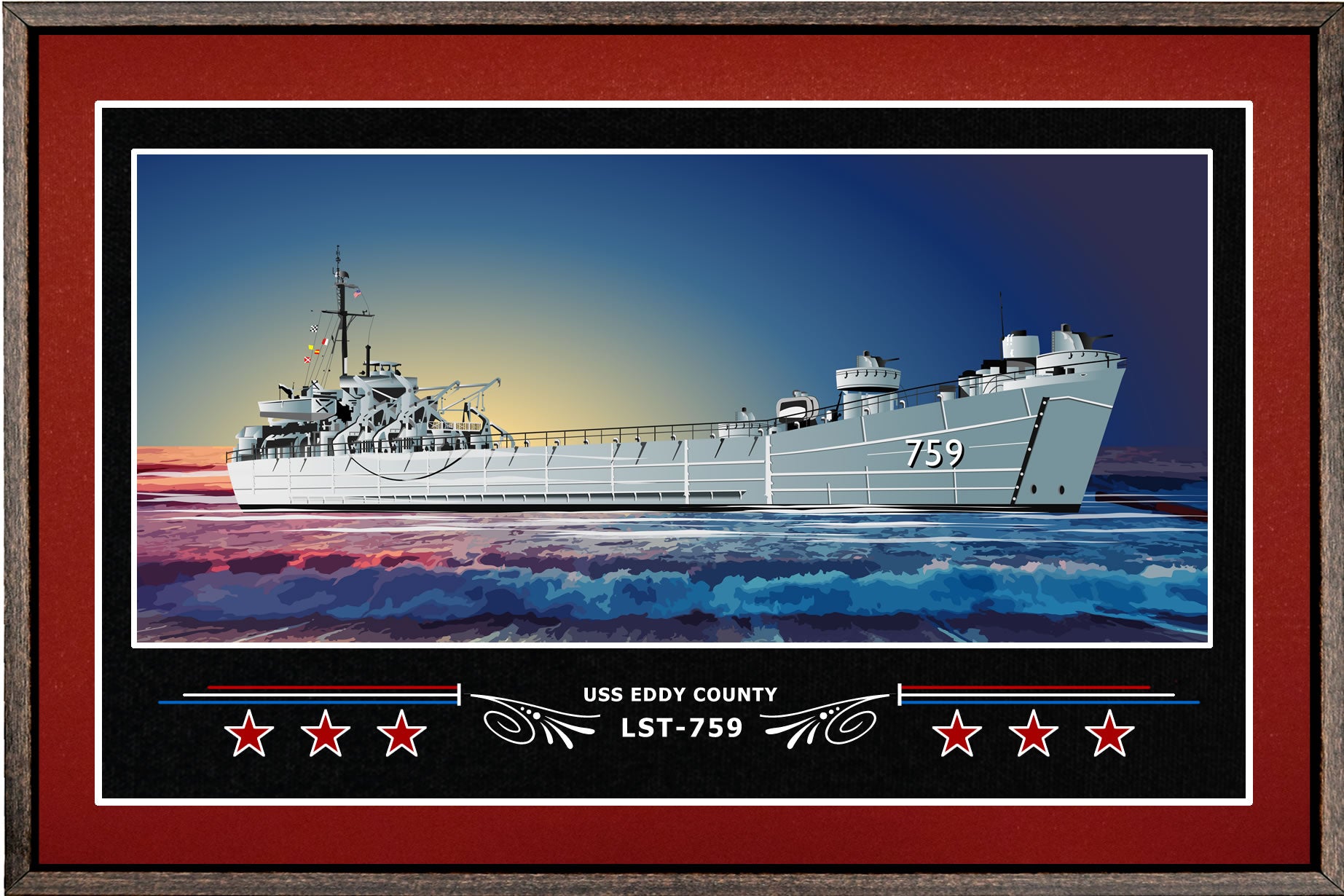 USS EDDY COUNTY LST 759 BOX FRAMED CANVAS ART BURGUNDY