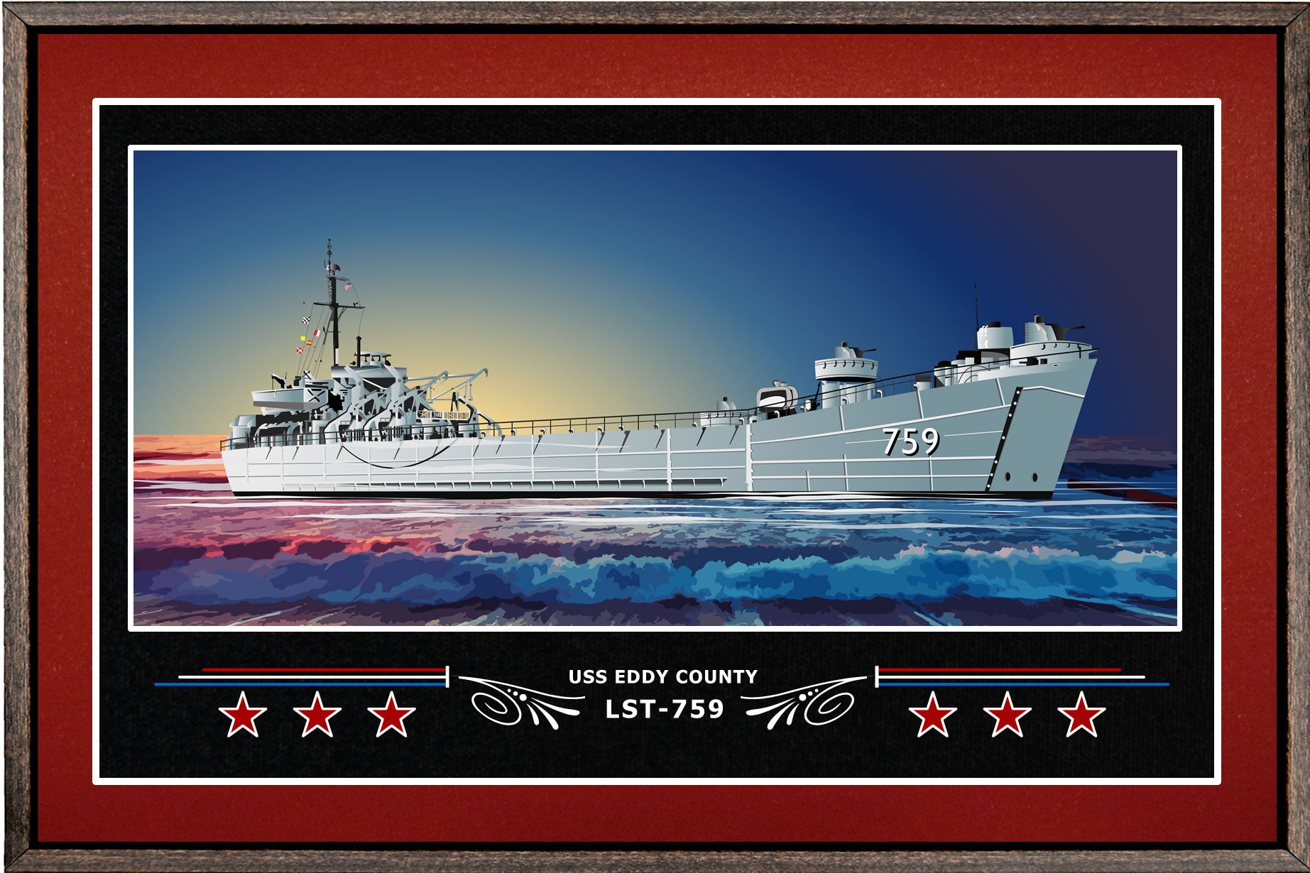 USS EDDY COUNTY LST 759 BOX FRAMED CANVAS ART BURGUNDY