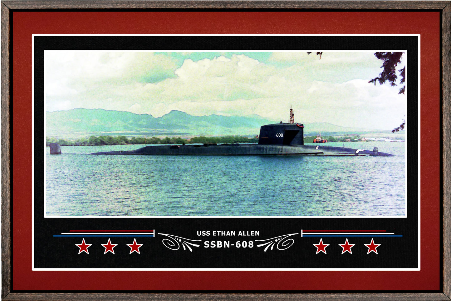 USS ETHAN ALLEN SSBN 608 BOX FRAMED CANVAS ART BURGUNDY