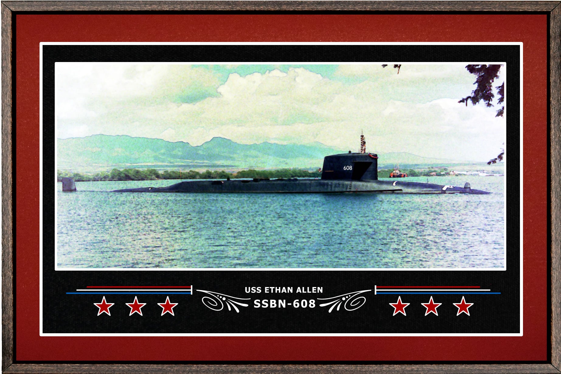 USS ETHAN ALLEN SSBN 608 BOX FRAMED CANVAS ART BURGUNDY