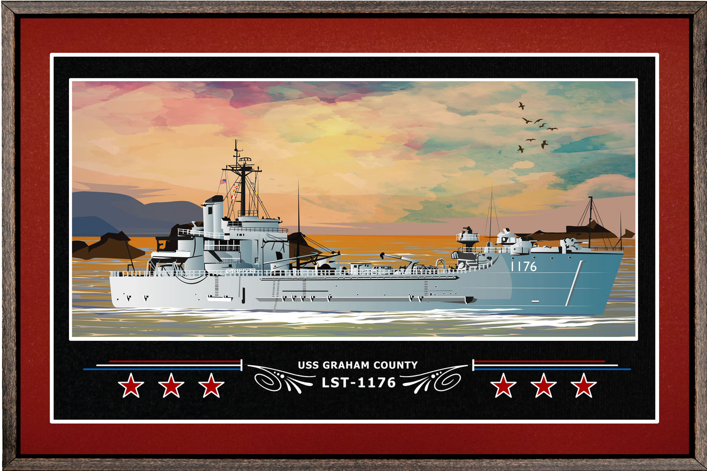 USS GRAHAM COUNTY LST 1176 BOX FRAMED CANVAS ART BURGUNDY