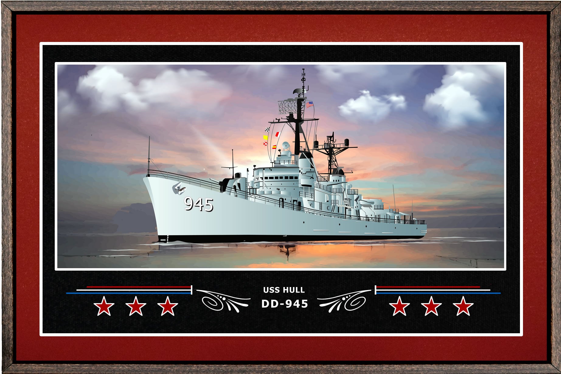 USS HULL DD 945 BOX FRAMED CANVAS ART BURGUNDY