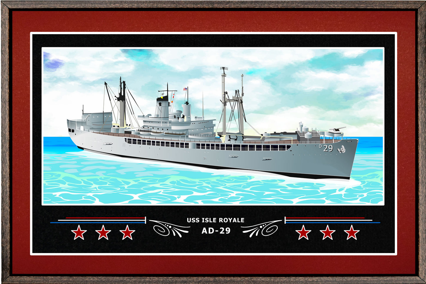 USS ISLE ROYALE AD 29 BOX FRAMED CANVAS ART BURGUNDY